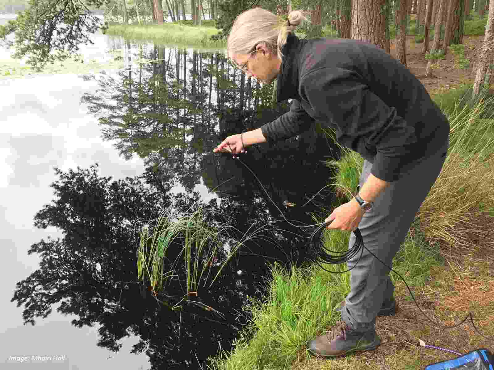 The author, David, leans out over a still pond from a sandy bank, lowering a microphone below the water surface